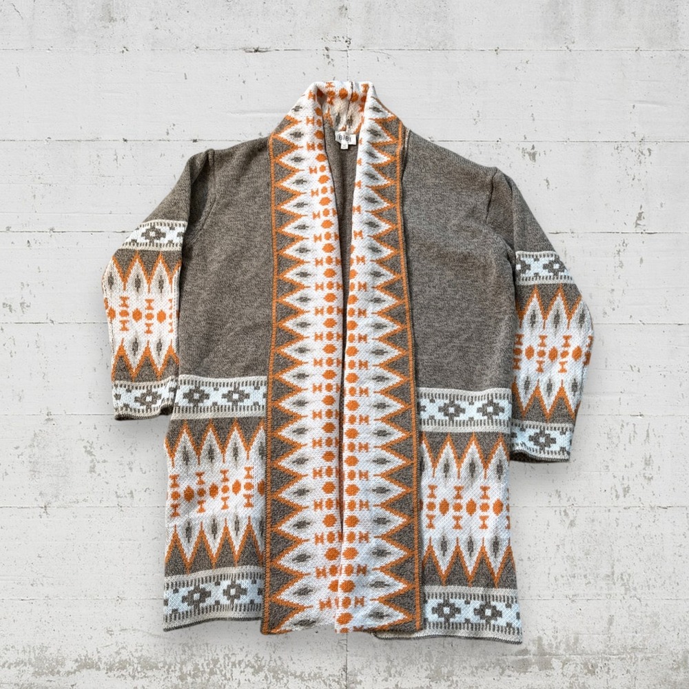 Bibi Aztec Tribal Print Open Knit Long Cardigan Pockets Grey/Orange Sz XL - Picture 1 of 9